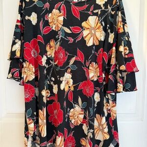 Chic Floral Black Blouse with Red and Yellow Accents